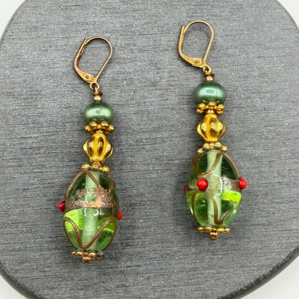 Green Lampwork Glass Bead Dangle Earrings Gold Tone Leverback Statement Boho